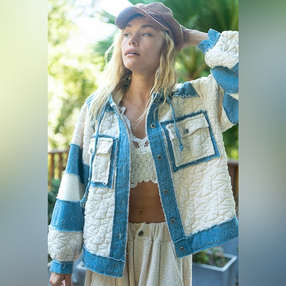 200. 🛑POL AT COST! quilted COAT JACKET wash denim blue cream mix fabric thermal - Picture 4 of 6